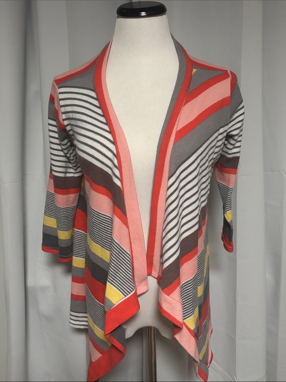 Striped Open-Front Cardigan in Coral, Gray & Yellow